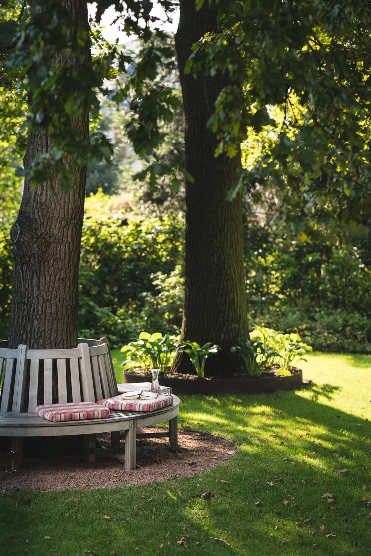 Rundbank um Baum im Garten des Pflegeheims in Hannover Landhaus Pflege und Wohnen